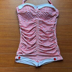 Red and White Gingham vintage style women’s one piece Small